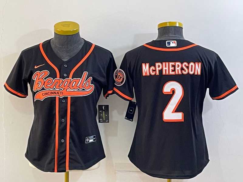 Womens Cincinnati Bengals #2 Evan McPherson Black With Patch Cool Base Stitched Baseball Jersey